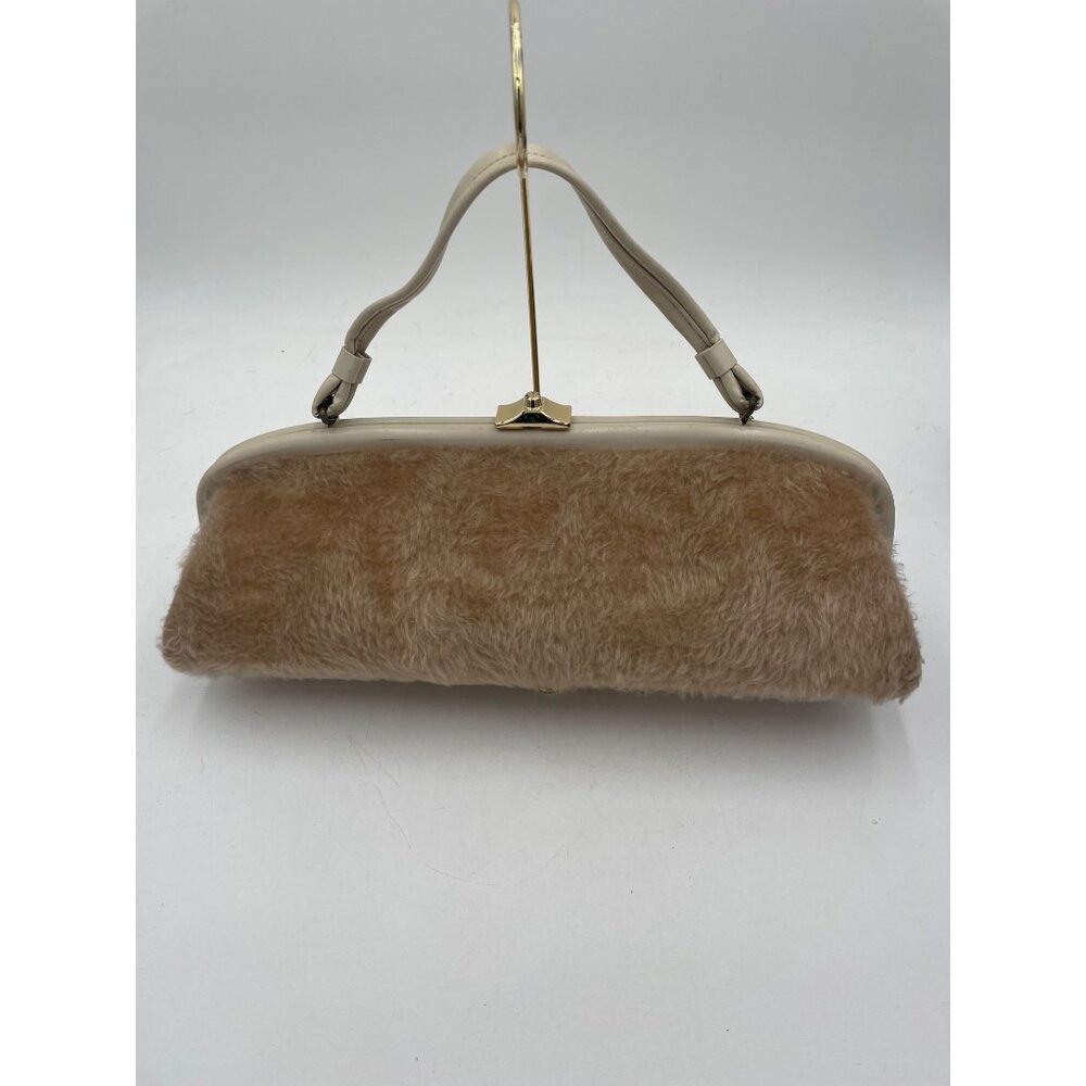 Vintage Beige Faux Fur & Vinyl Handbag With Gold Clasp Closure